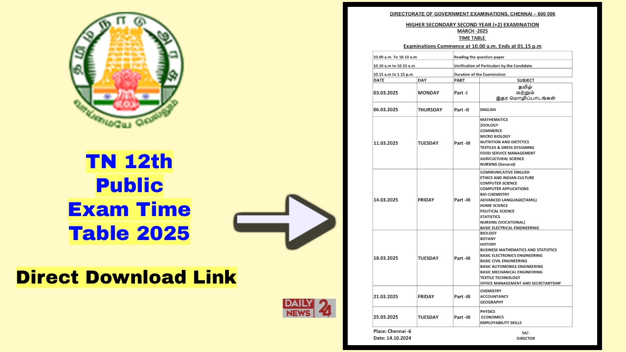 TN 12th Public Exam Time Table