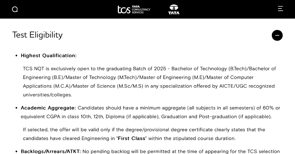 TCS NQT Eligibility 