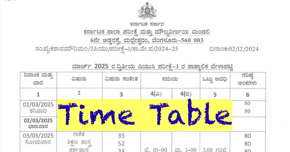 2nd PUC Time Table 