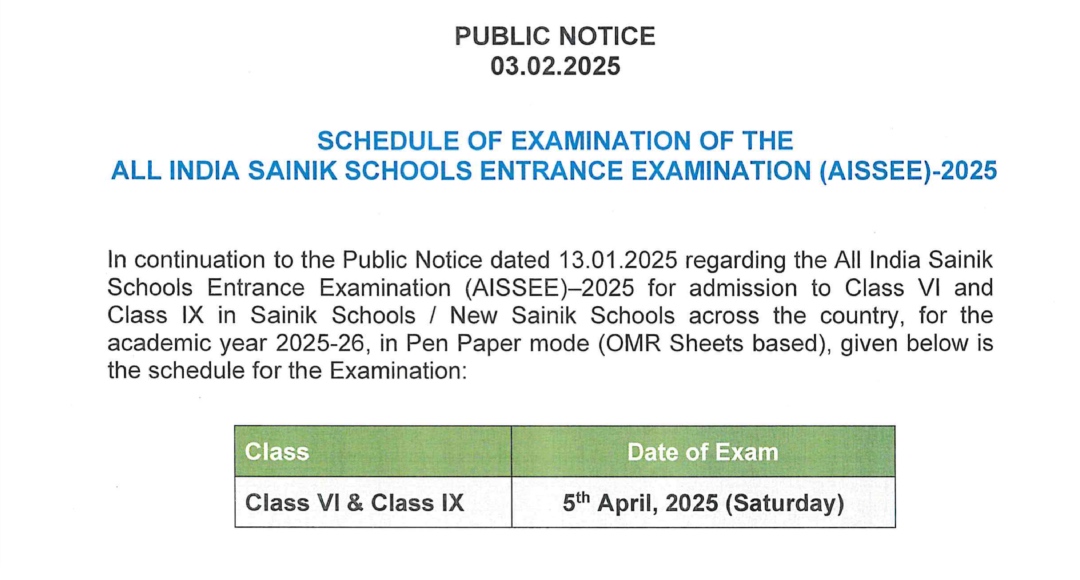 Sainik School Exam Date