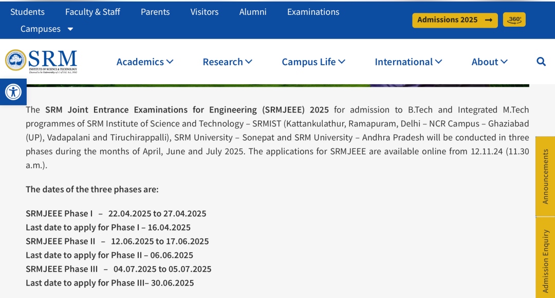 SRMJEEE Exam Date