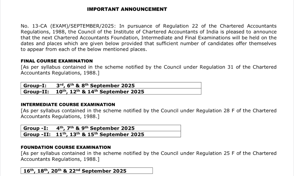 ICAI CA Exam September 2025