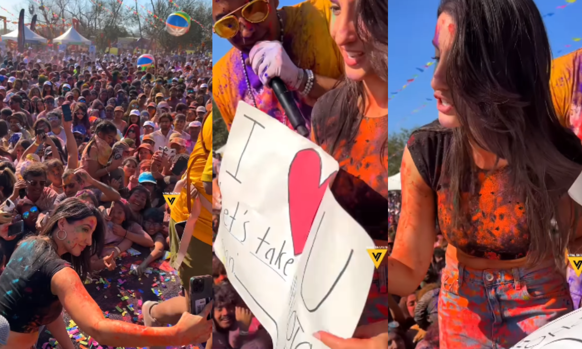 Nora Fatehi Viral Video: नोरा फतेही ह्यूस्टन में होली मनाते हुए, चेहरे पर रंग और फैंस के बीच सेलिब्रेशन करती हुईं
