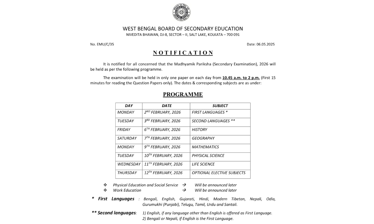 Madhyamik Exam Date