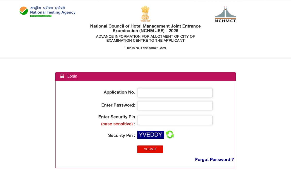 NTA NCHM JEE Exam City